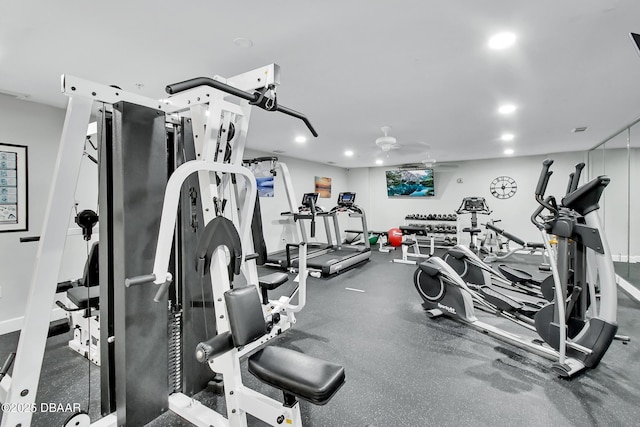 workout area featuring recessed lighting, baseboards, and ceiling fan