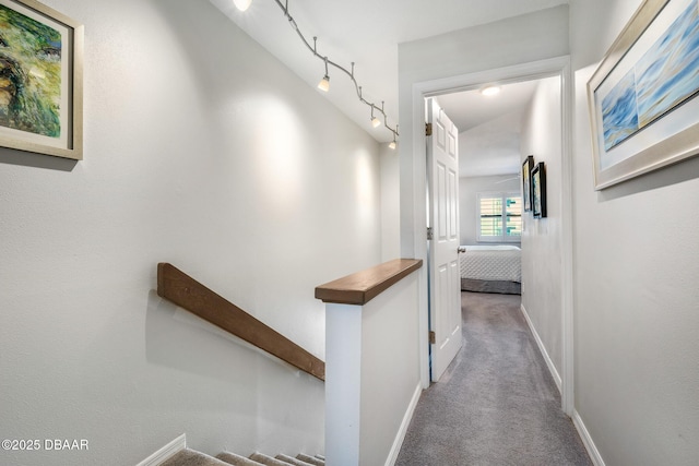 hallway featuring rail lighting, carpet flooring, and baseboards