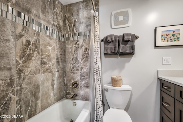 bathroom featuring shower / bath combination with curtain, vanity, and toilet