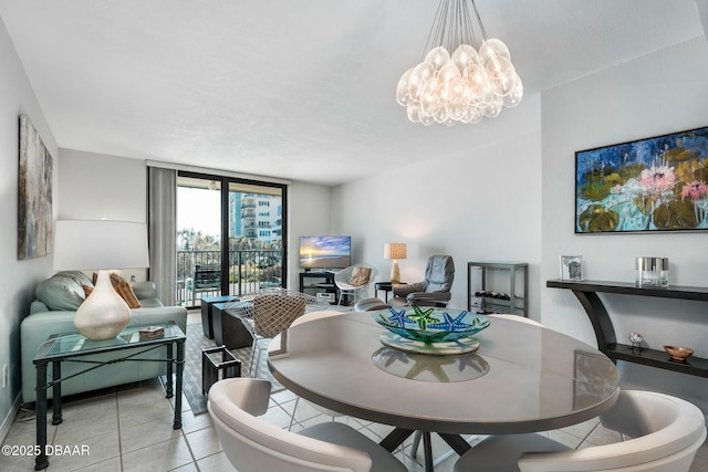 dining space featuring floor to ceiling windows, a notable chandelier, and light tile patterned flooring