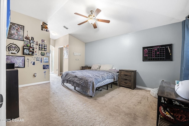 bedroom featuring light colored carpet and ceiling fan