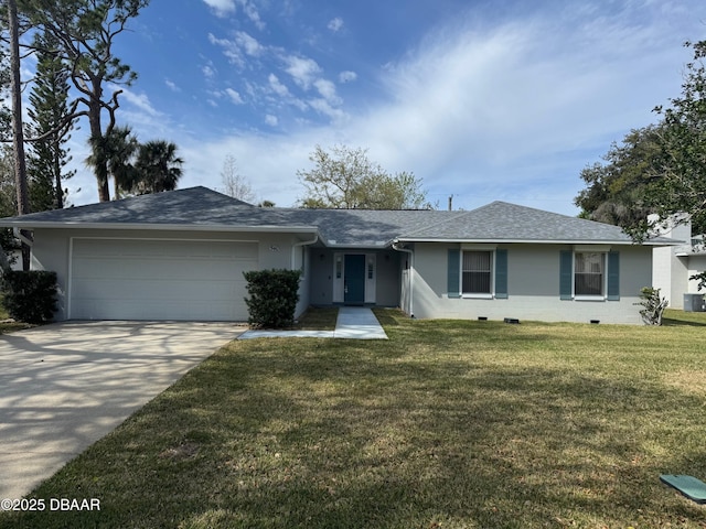 single story home featuring a garage, concrete driveway, roof with shingles, and a front yard