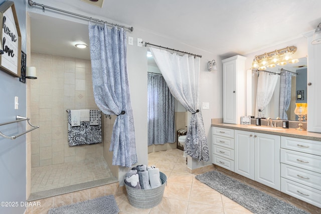 840 River Oak Dr W, Ormond Beach, FL 32174 - bathroom featuring vanity, walk in shower, and tile patterned flooring