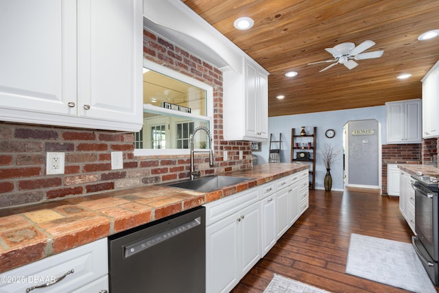 840 River Oak Dr W, Ormond Beach, FL 32174 - kitchen featuring dishwasher, tile countertops, white cabinetry, electric stove, and backsplash