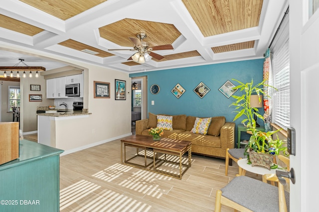 living room with beam ceiling, wood ceiling, and coffered ceiling