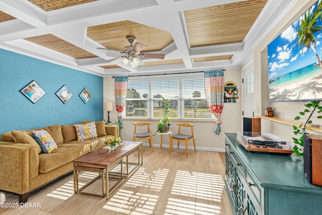 interior space featuring light wood-type flooring, coffered ceiling, ceiling fan, crown molding, and beamed ceiling