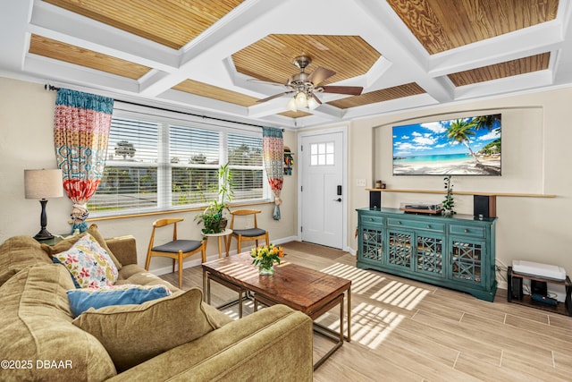 living room featuring crown molding, ceiling fan, wood ceiling, and coffered ceiling