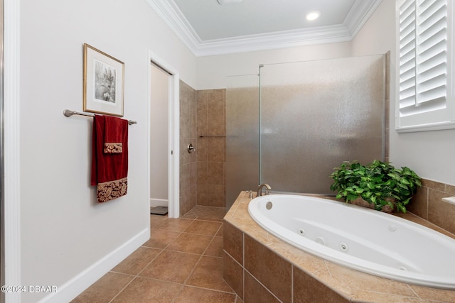 bathroom featuring crown molding, tile patterned floors, and shower with separate bathtub