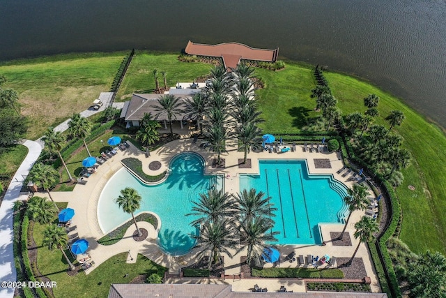 aerial view featuring a water view