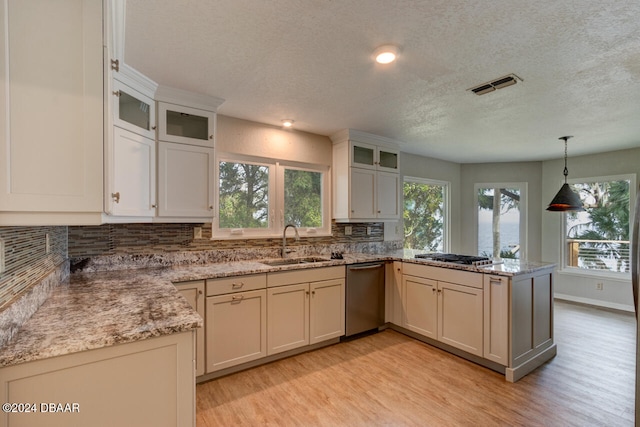 kitchen with decorative backsplash, sink, appliances with stainless steel finishes, and light hardwood / wood-style flooring