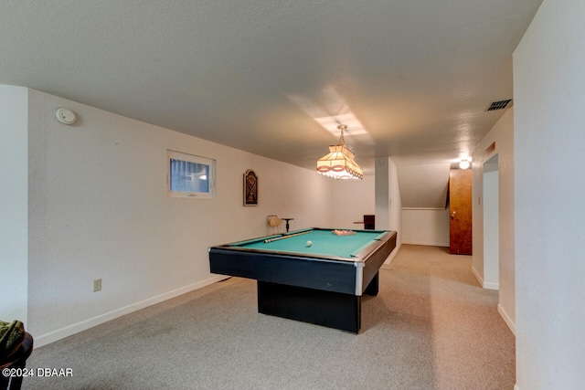 rec room with light carpet and pool table