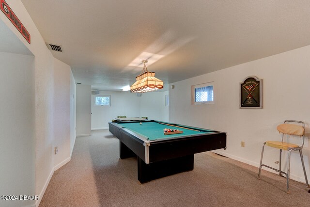 game room featuring pool table, light carpet, and a wealth of natural light