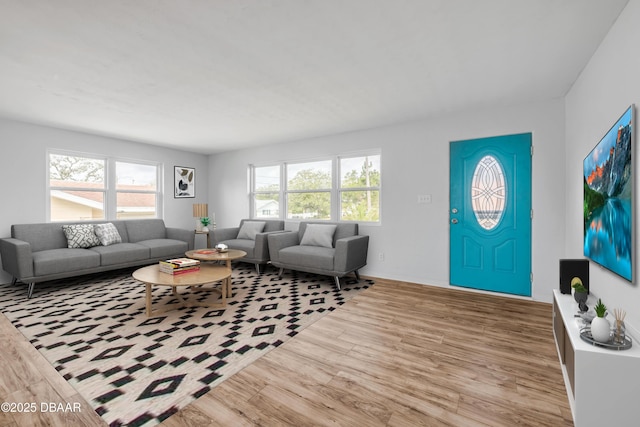 living room with a healthy amount of sunlight and light wood finished floors