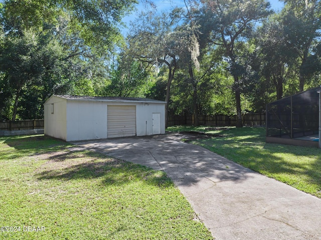 view of yard with an outbuilding and a garage