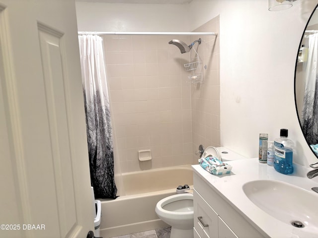 full bathroom with toilet, vanity, and shower / tub combo with curtain