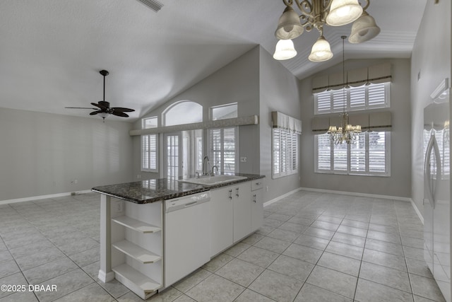 438 Harbour Town Ln, Ormond Beach, FL 32174 - kitchen featuring a chandelier, white dishwasher, open shelves, a sink, and light tile patterned floors