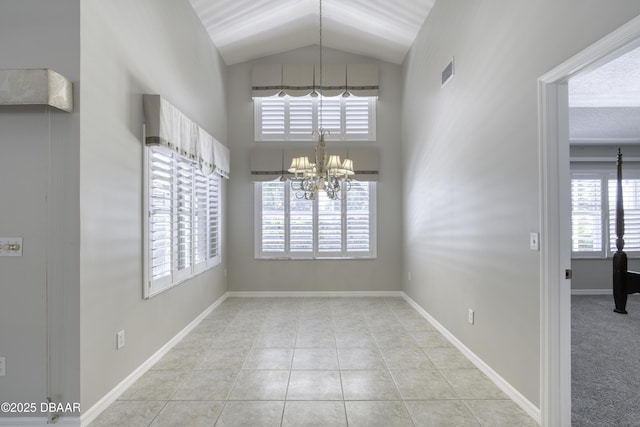 438 Harbour Town Ln, Ormond Beach, FL 32174 - unfurnished dining area with high vaulted ceiling, a chandelier, tile patterned flooring, and baseboards