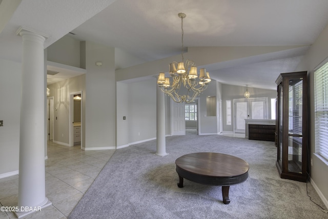 438 Harbour Town Ln, Ormond Beach, FL 32174 - tiled living room featuring vaulted ceiling, a chandelier, carpet, and baseboards