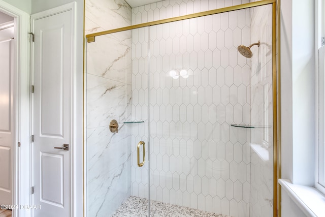 bathroom featuring a shower with shower door