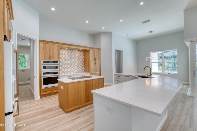 kitchen with light hardwood / wood-style floors, plenty of natural light, a large island, and double oven