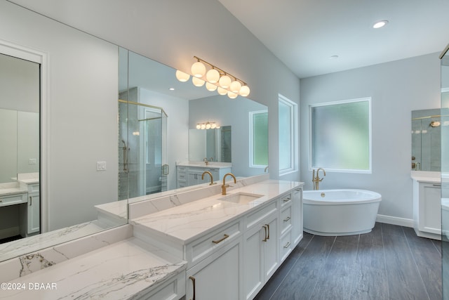 bathroom with vanity, plus walk in shower, and hardwood / wood-style flooring