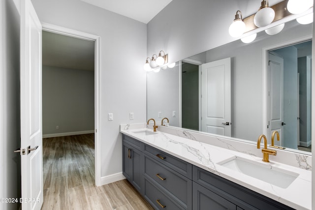 bathroom with hardwood / wood-style floors and vanity