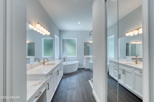 bathroom featuring shower with separate bathtub, vanity, and hardwood / wood-style flooring