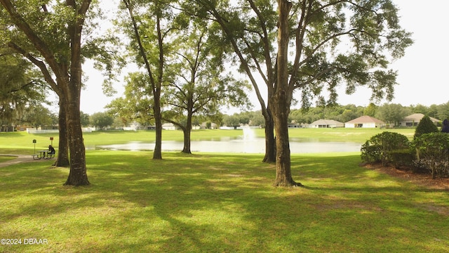 view of community with a water view and a yard