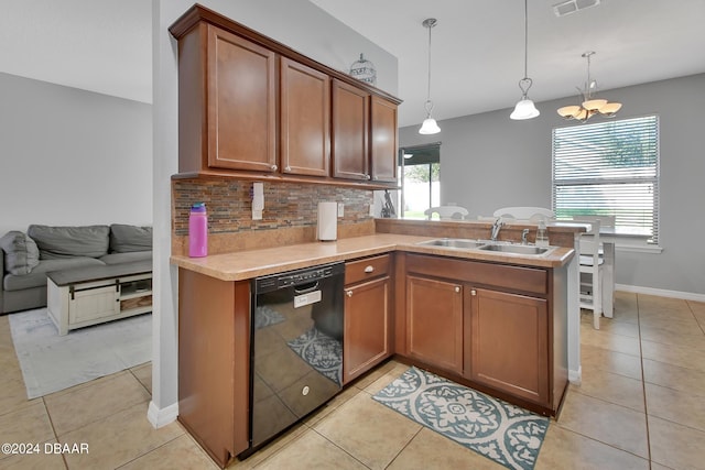 kitchen featuring sink, kitchen peninsula, backsplash, decorative light fixtures, and black dishwasher