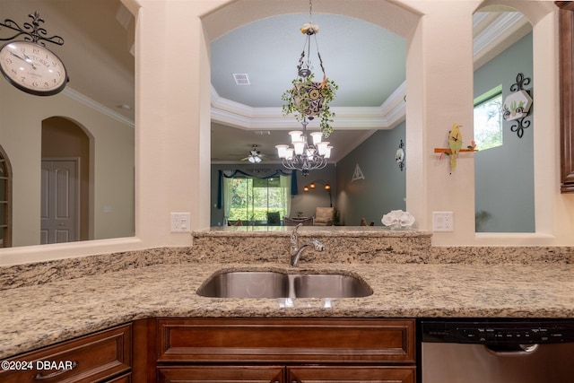 kitchen featuring stainless steel dishwasher, a wealth of natural light, sink, and crown molding