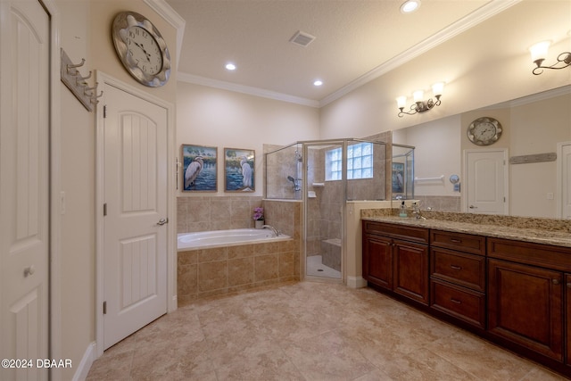 bathroom featuring shower with separate bathtub, crown molding, and vanity