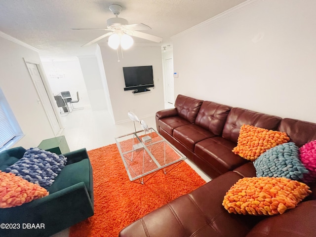 840 Center Ave Unit 840, Daytona Beach, FL 32117 - living area featuring ornamental molding, a ceiling fan, and a textured ceiling