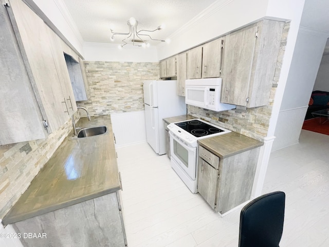 840 Center Ave Unit 840, Daytona Beach, FL 32117 - kitchen with white appliances, a sink, crown molding, a wainscoted wall, and light countertops