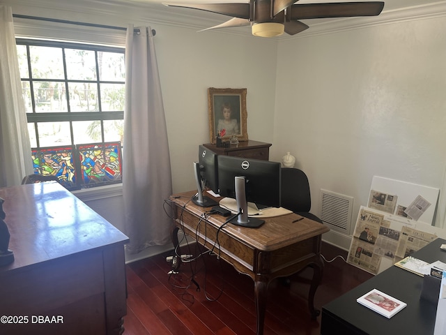 220 John Anderson Dr, Ormond Beach, FL 32176 - home office with ceiling fan, crown molding, and dark wood-style floors