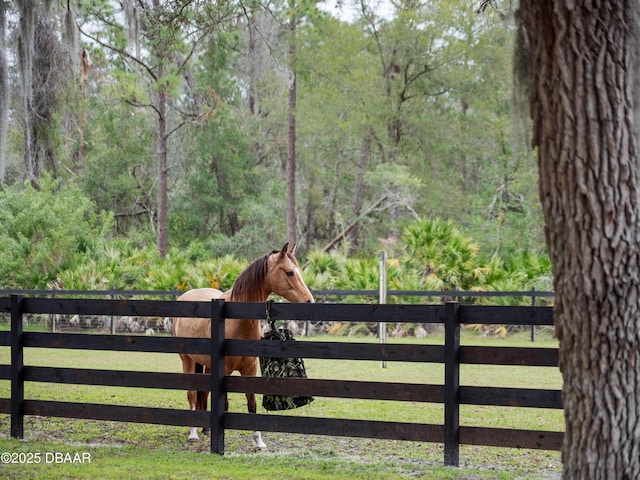 view of gate featuring fence and a forest view