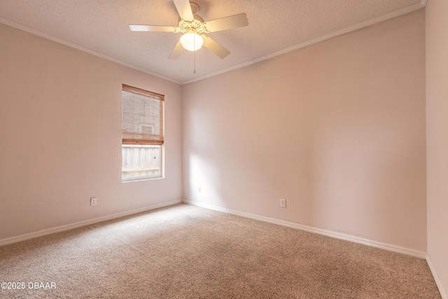 empty room with carpet floors, ceiling fan, crown molding, and a textured ceiling