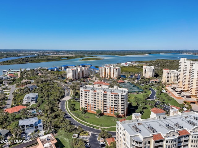 bird's eye view with a water view