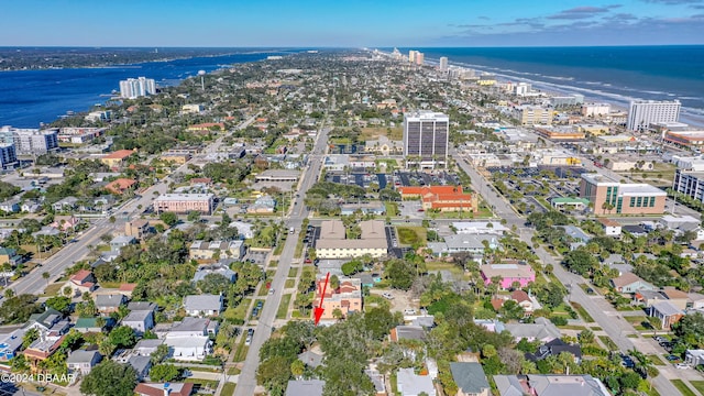 bird's eye view with a city view and a water view