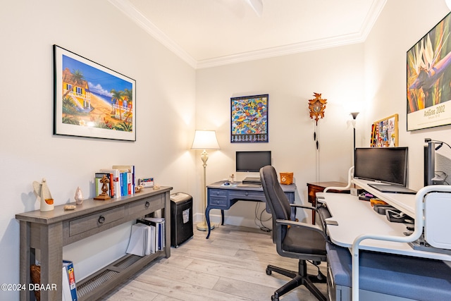 office with light hardwood / wood-style floors and ornamental molding