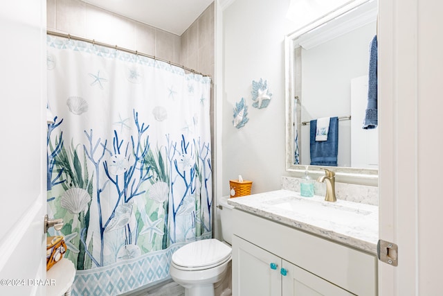 bathroom with toilet, vanity, and curtained shower