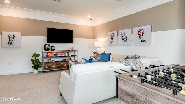 carpeted living room with crown molding