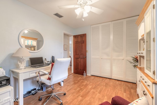 office space with ceiling fan and light wood-type flooring