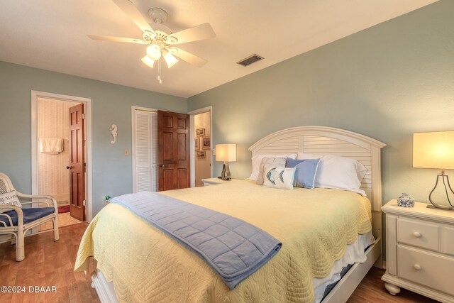 bedroom featuring hardwood / wood-style floors and ceiling fan