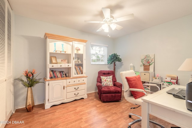 office featuring ceiling fan and light hardwood / wood-style flooring