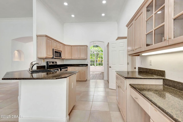 6062 Sabal Crossing Ct, Port Orange, FL 32128 - kitchen featuring appliances with stainless steel finishes, a sink, light brown cabinets, crown molding, and dark stone counters