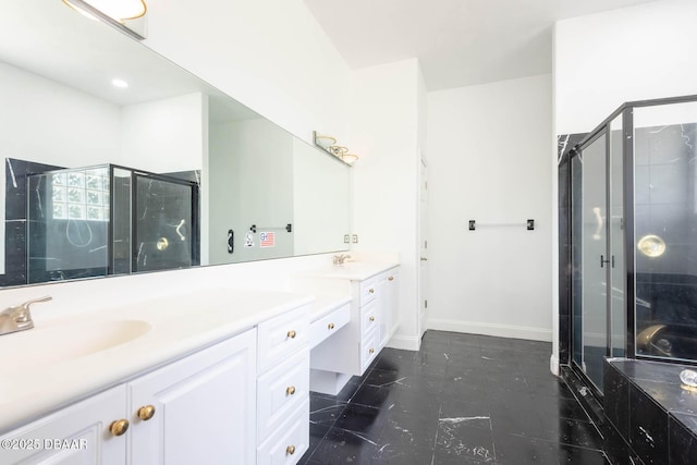 6062 Sabal Crossing Ct, Port Orange, FL 32128 - full bath featuring a shower stall, tile patterned floors, double vanity, and baseboards