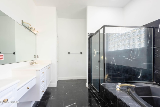 6062 Sabal Crossing Ct, Port Orange, FL 32128 - full bathroom with a shower stall, tile patterned floors, a garden tub, vanity, and baseboards