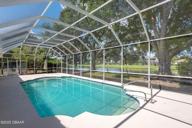 6062 Sabal Crossing Ct, Port Orange, FL 32128 - swimming pool featuring a water view, a patio area, and glass enclosure