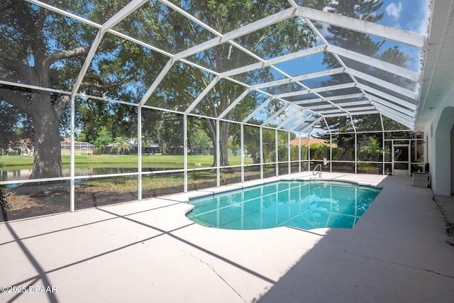 6062 Sabal Crossing Ct, Port Orange, FL 32128 - outdoor pool featuring a patio area, a water view, and glass enclosure