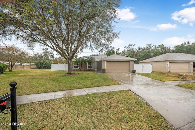 ranch-style house featuring a garage and a front lawn